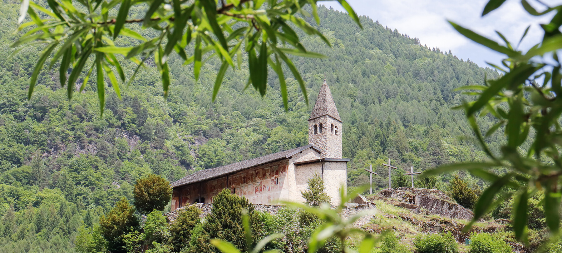 Church of Santo Stefano di Carisolo. The church stands atop a granite cliff. Behind, the forest climbs up the side of the mountain: the green of its trees mingles with that of the leaves that, blurred in the foreground, frame the image. On the south-facing side of the church, the one immortalised in the photograph, frescoes can be recognised in the distance. The church has a small stone bell tower and, to its right, three wooden crosses stand out.  