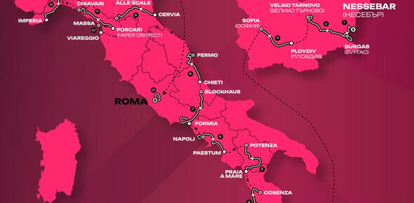 A stylized map of Italy and Bulgaria on a dark pink background, tracing the stage route of the Giro d'Italia. A black line connects the start and finish cities, beginning in Bulgaria (Nessebar, Sofia) and then crossing Italy from south to north. In Northern Italy, the alpine stages touching the towns of Andalo and Fai della Paganella are highlighted.