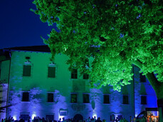 Palazzo illuminato mentre le persone partecipano all'evento