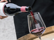 The image shows a bottle of Teroldego Rotaliano in the foreground being poured into a glass placed on a wooden barrel. Most likely, the bottle is being poured by a sommelier attending the event.