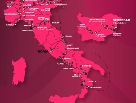 A stylized map of Italy and Bulgaria on a dark pink background, tracing the stage route of the Giro d'Italia. A black line connects the start and finish cities, beginning in Bulgaria (Nessebar, Sofia) and then crossing Italy from south to north. In Northern Italy, the alpine stages touching the towns of Andalo and Fai della Paganella are highlighted.